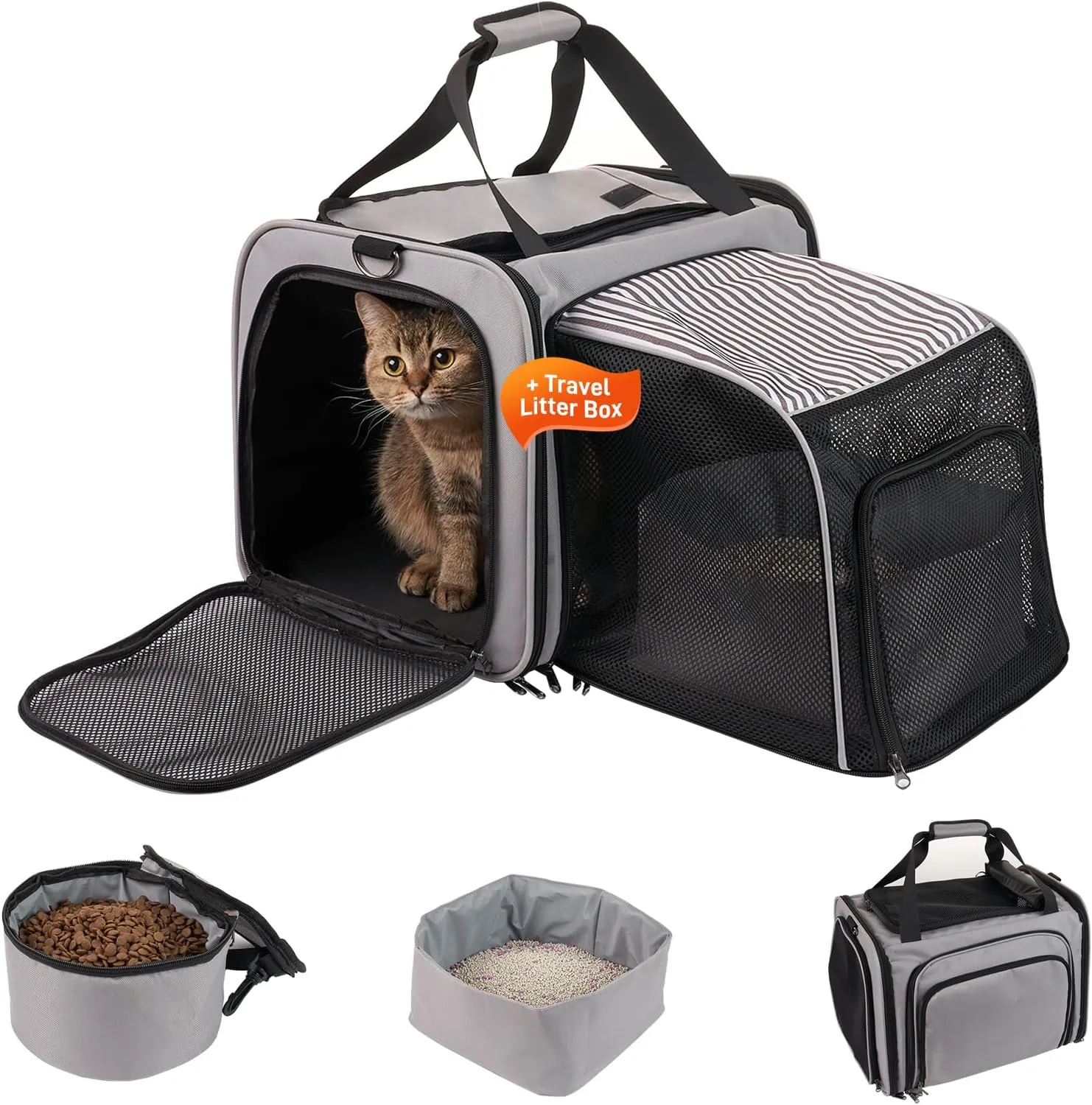 Cat Carrier with Litter Box, Expandable Cat Travel Carrier for Car with Bowl, Soft Sided Cat Carrier for Cats/Puppies up to 20 lbs, Grey
