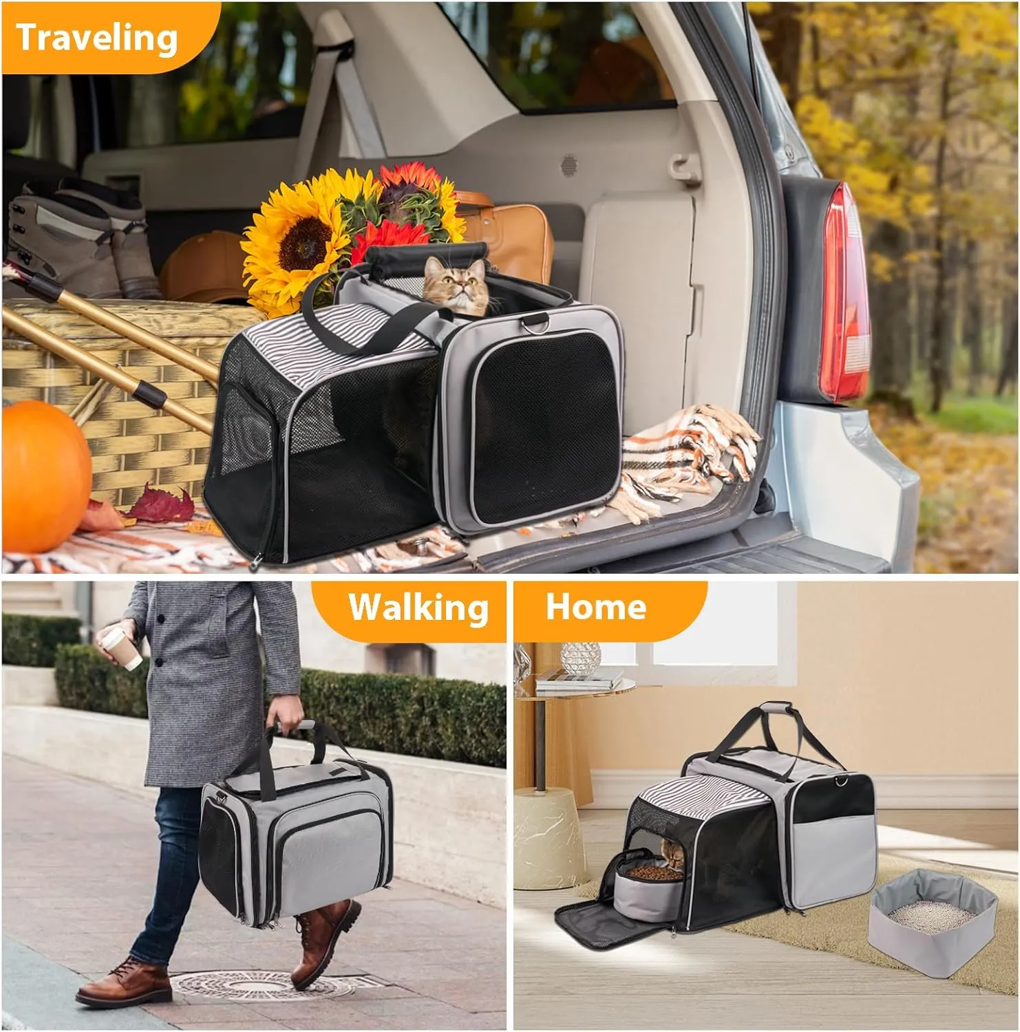 Cat Carrier with Litter Box, Expandable Cat Travel Carrier for Car with Bowl, Soft Sided Cat Carrier for Cats/Puppies up to 20 lbs, Grey