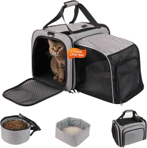 Cat Carrier with Litter Box, Expandable Cat Travel Carrier for Car with Bowl, Soft Sided Cat Carrier for Cats/Puppies up to 20 lbs, Grey