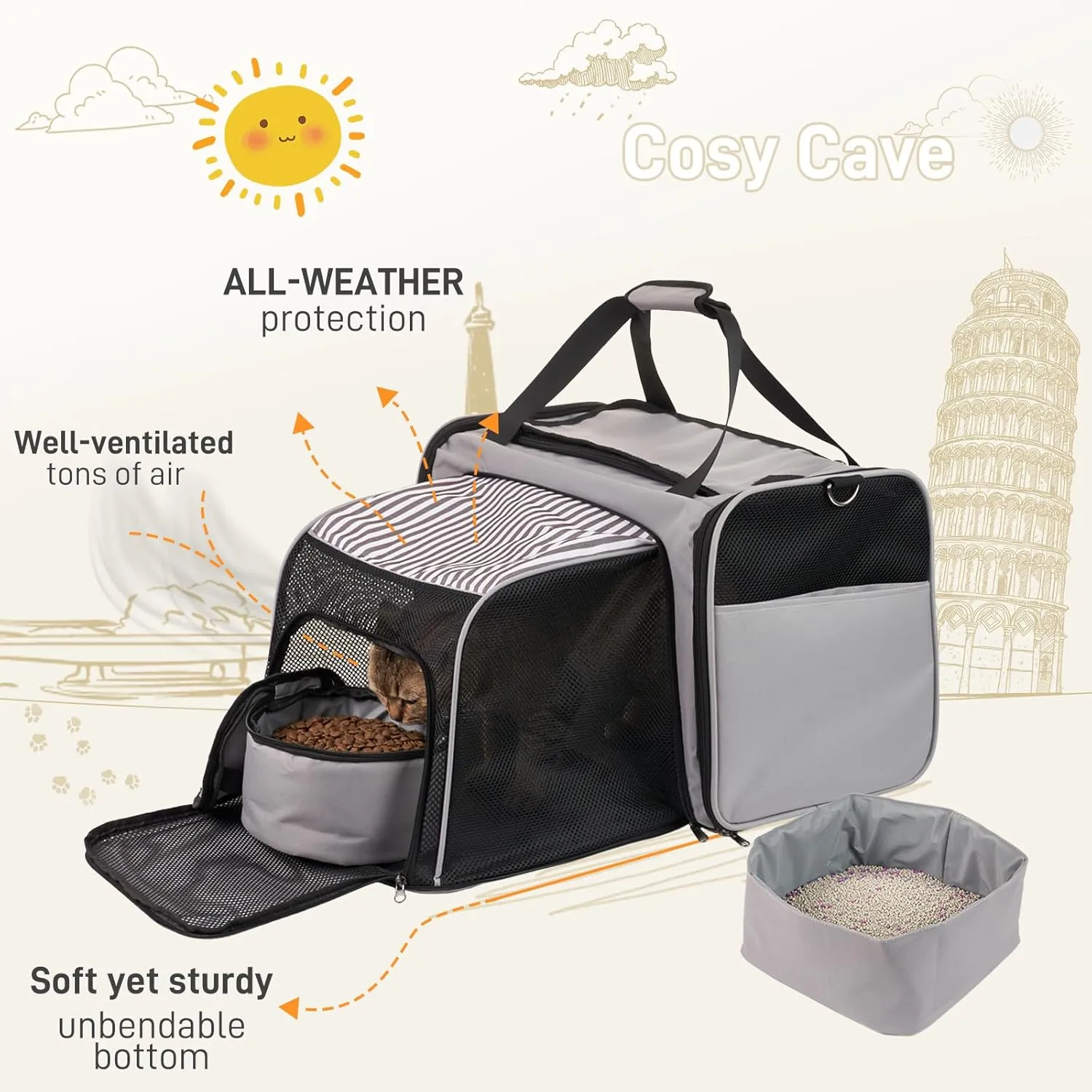 Cat Carrier with Litter Box, Expandable Cat Travel Carrier for Car with Bowl, Soft Sided Cat Carrier for Cats/Puppies up to 20 lbs, Grey