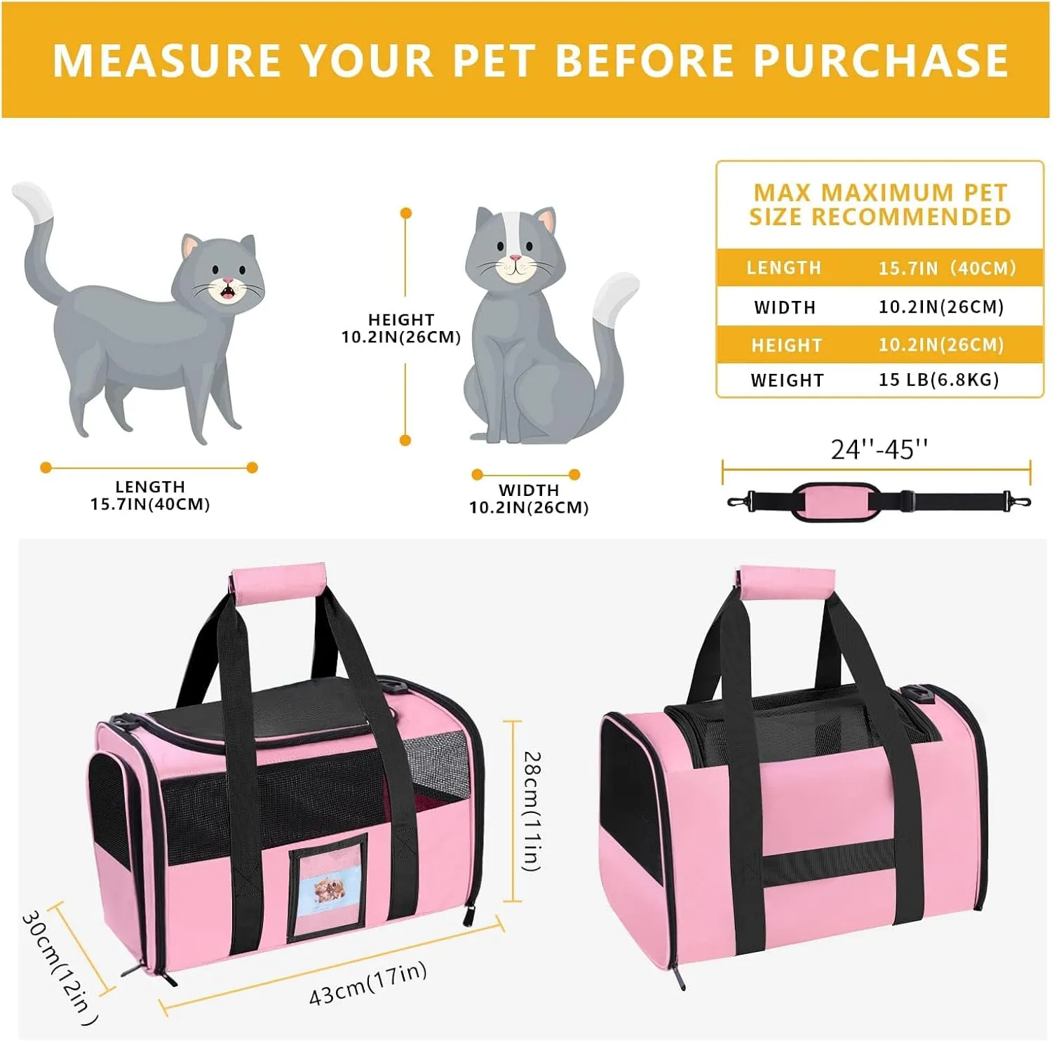 Cat Carriers Soft Side Carrier for Kitten Puppy Collapsible Travel Pet Carrier TSA Airline Approved Cat Carrier Bag for Under 15 lbs Pets, Pink