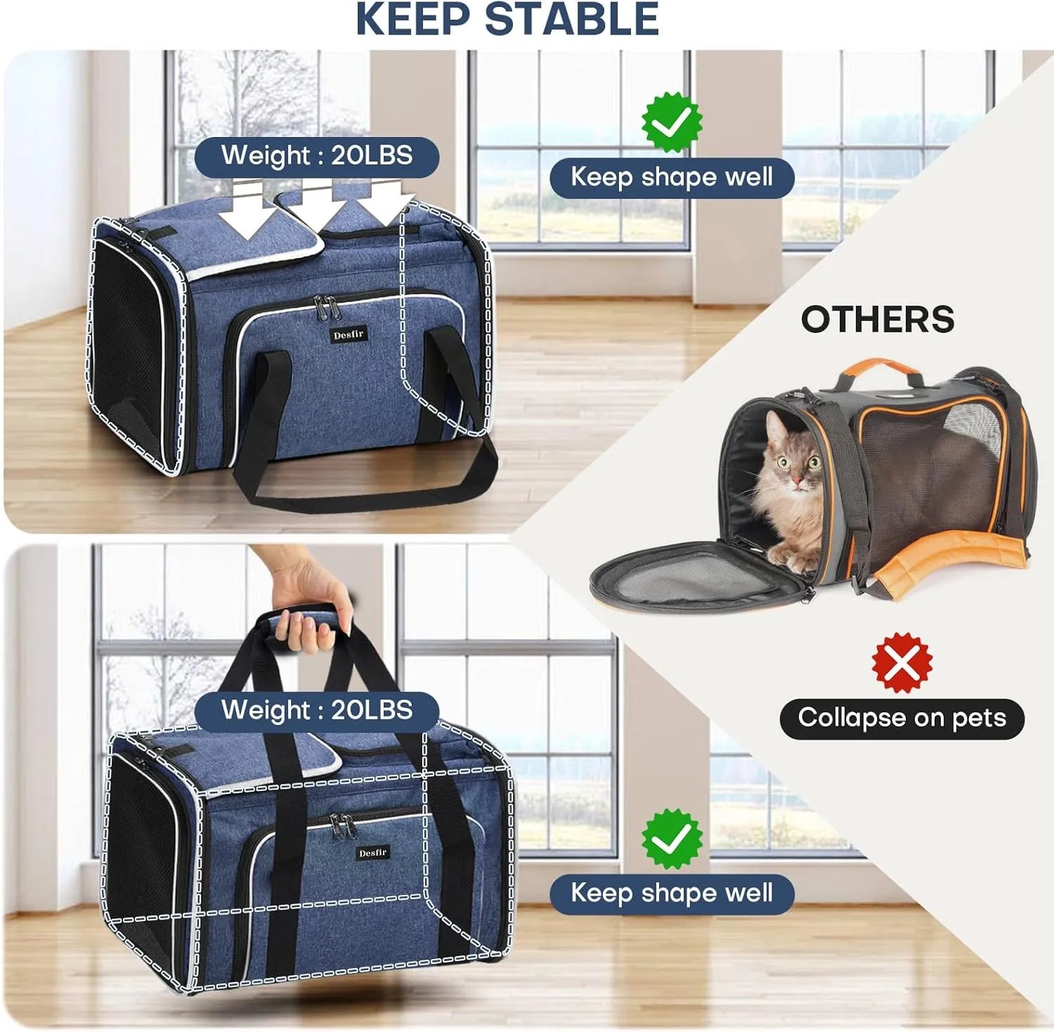 Cat Dog Carrier Bag, 5 Sides Open Doors, 2 Sides Expandable, Large Soft Sided Pet Carriers with Removable Pad, 19x12x12 Inch for Kitten, Rabbit, Puppy, Small Animal, Airline Approved