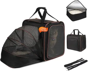 Cat Travel Carrier with Litter Box, Expandable Cat Carrier for Car Travel, Soft Sided Pet Carrier for Cats/Puppies up to 20lbs, Black