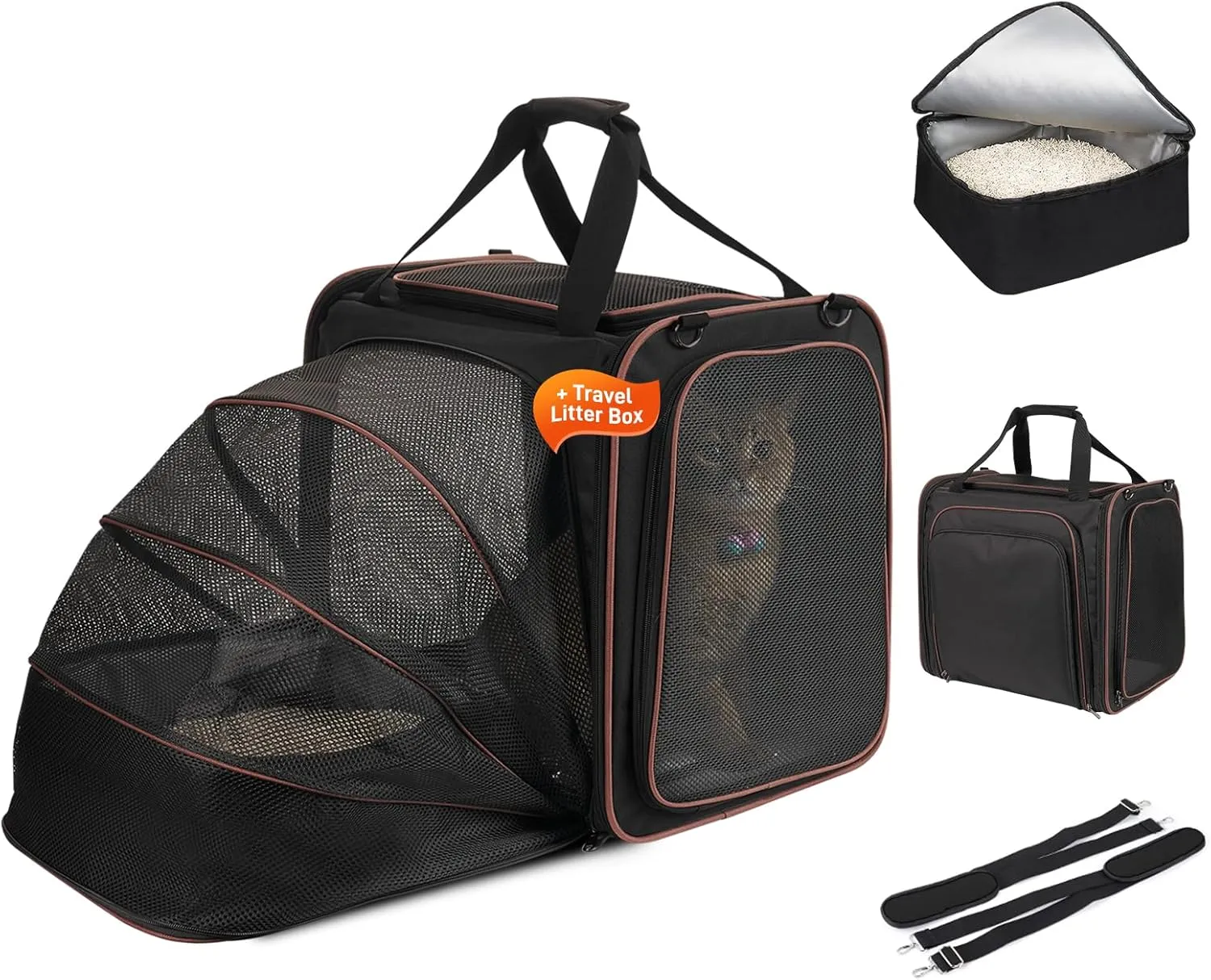 Cat Travel Carrier with Litter Box, Expandable Cat Carrier for Car Travel, Soft Sided Pet Carrier for Cats/Puppies up to 20lbs, Black