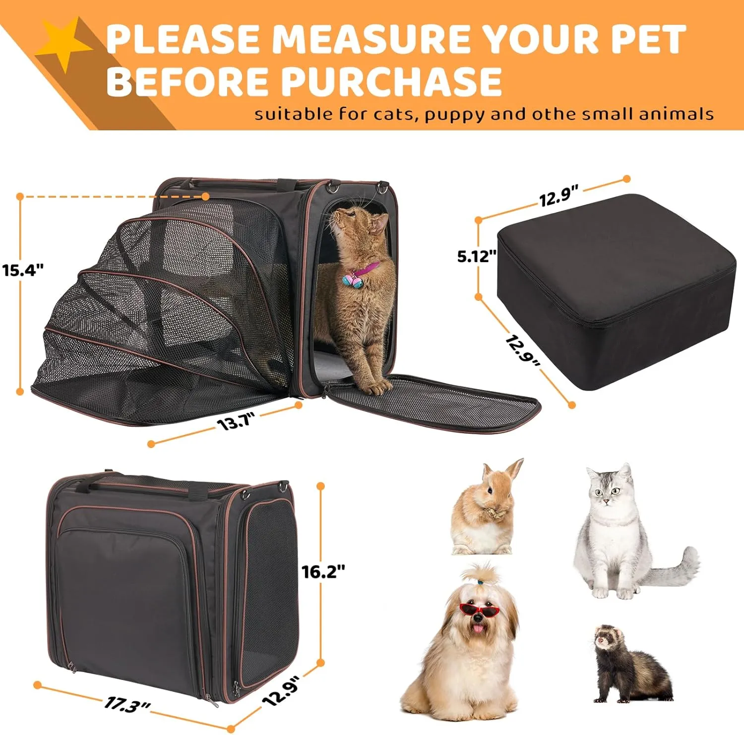 Cat Travel Carrier with Litter Box, Expandable Cat Carrier for Car Travel, Soft Sided Pet Carrier for Cats/Puppies up to 20lbs, Black