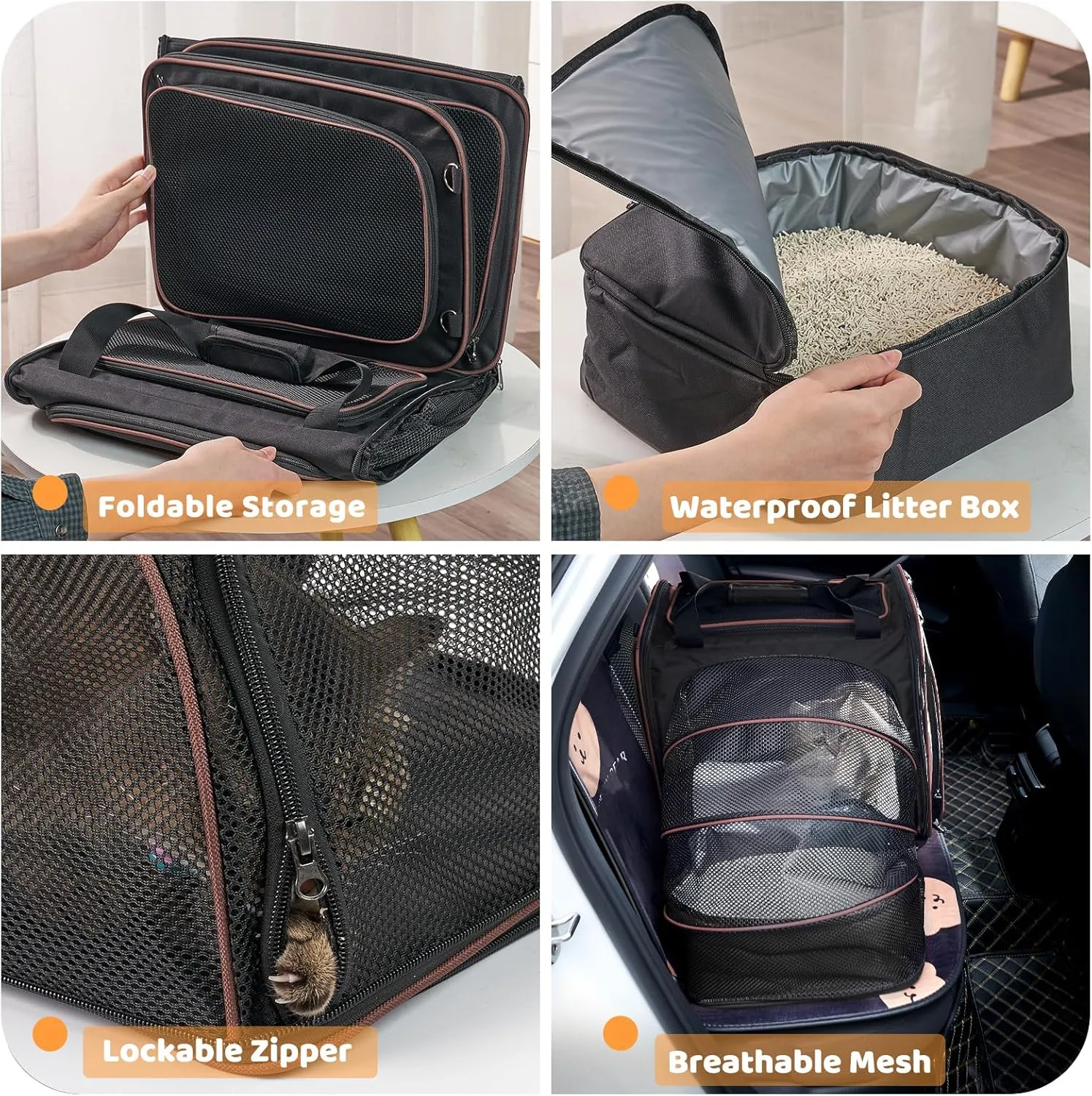 Cat Travel Carrier with Litter Box, Expandable Cat Carrier for Car Travel, Soft Sided Pet Carrier for Cats/Puppies up to 20lbs, Black