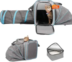 Cat Travel Carrier with Litter Box, Expandable Pet Carrier with Collapsible Tunnel, Portable Cat Carrier for Car Travel, Pet Transport Crate for Cats up to 20 lbs, Grey
