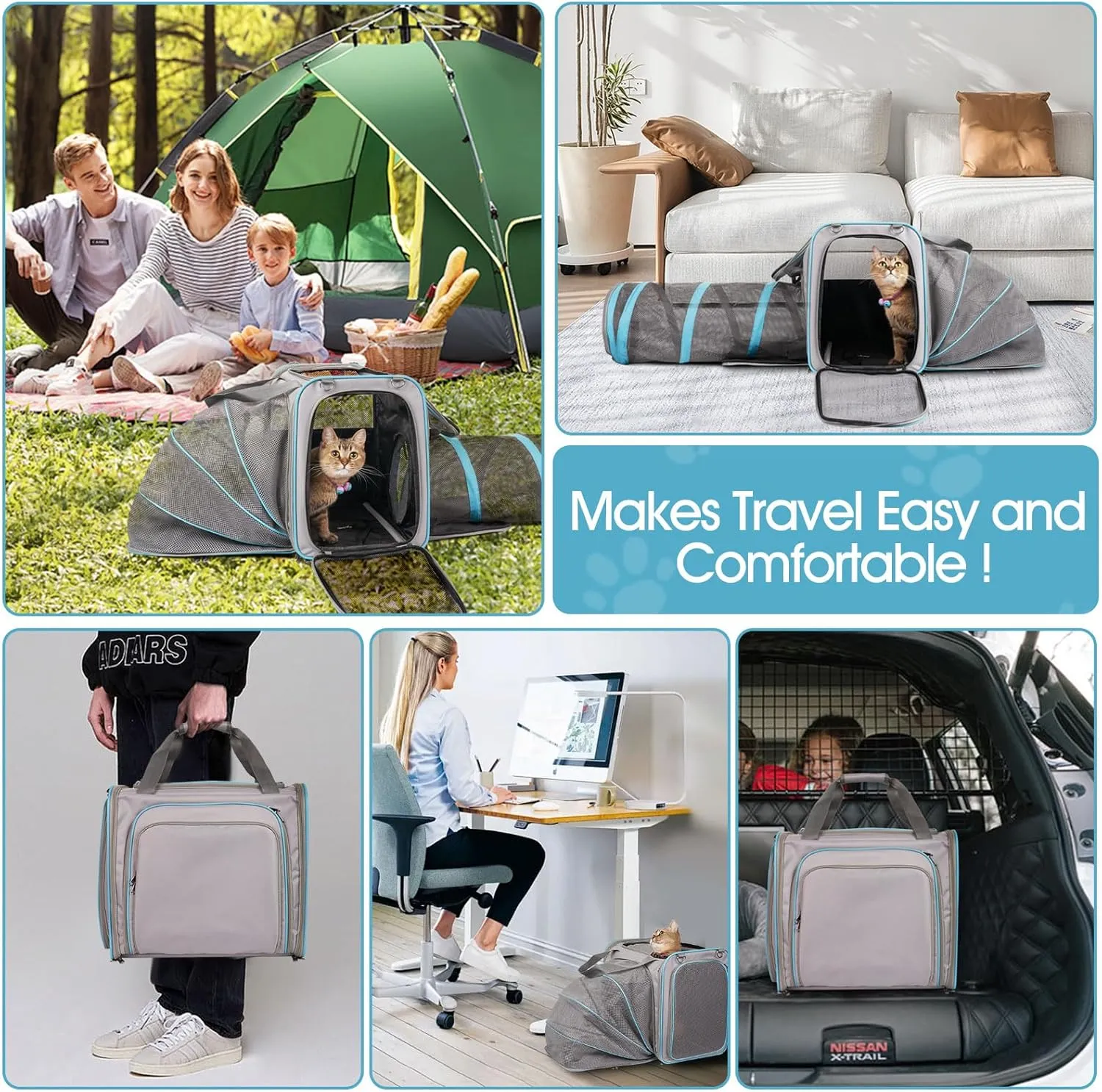 Cat Travel Carrier with Litter Box, Expandable Pet Carrier with Collapsible Tunnel, Portable Cat Carrier for Car Travel, Pet Transport Crate for Cats up to 20 lbs, Grey