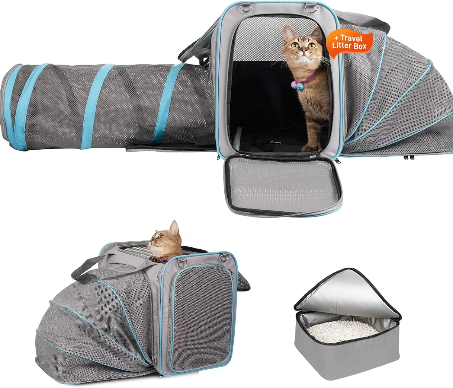 Cat Travel Carrier with Litter Box, Expandable Pet Carrier with Collapsible Tunnel, Portable Cat Carrier for Car Travel, Pet Transport Crate for Cats up to 20 lbs, Grey