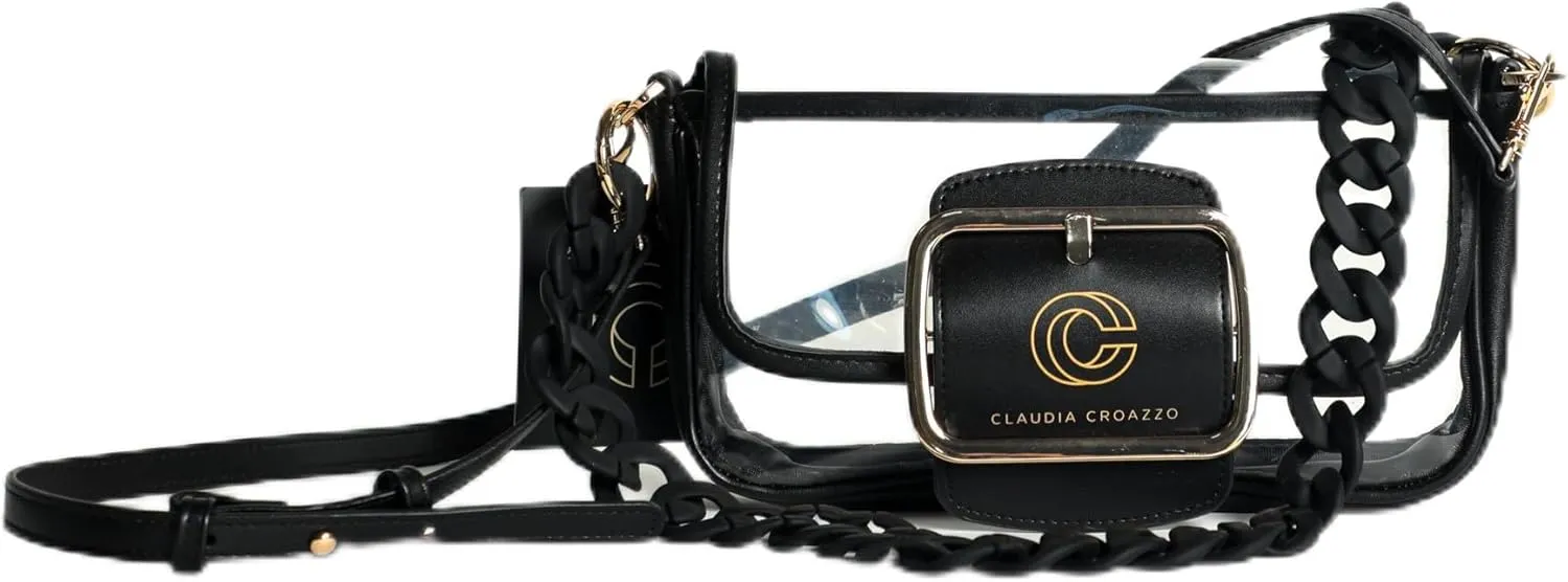 CC COUTURE Stadium Approved Clear Crossbody Bags for Women - PVC 100% PU Plastic Transparent Bag with Chain Strap and Buckle Closure - Clear Bag for Stadium Events, Concerts, and more – Black