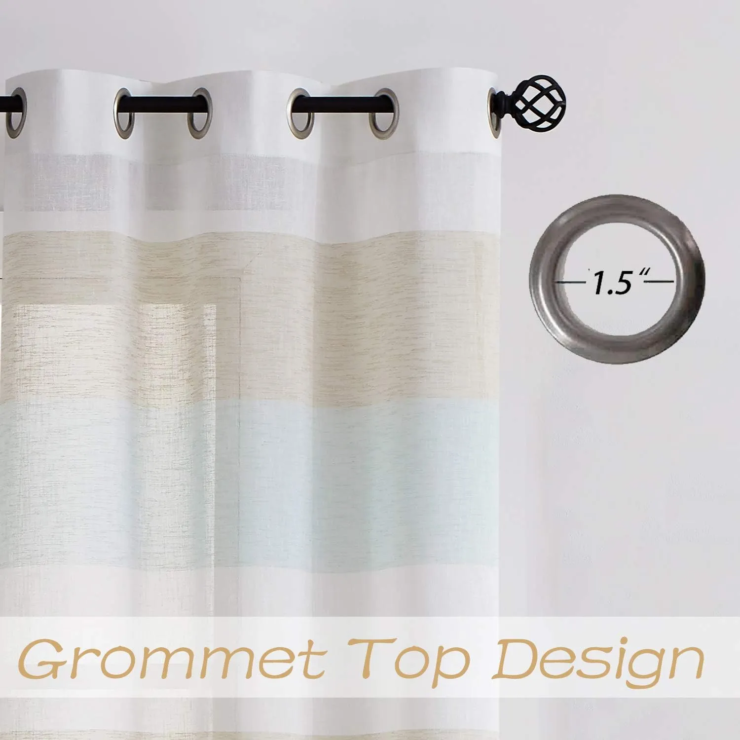 Central Park Tan and Spa Blue Stripe Sheer Color Block Window Curtain Panel Linen Window Treatment for Bedroom Living Room Farmhouse 84 inches Long with Grommets, 2 Panel Rustic Drapes