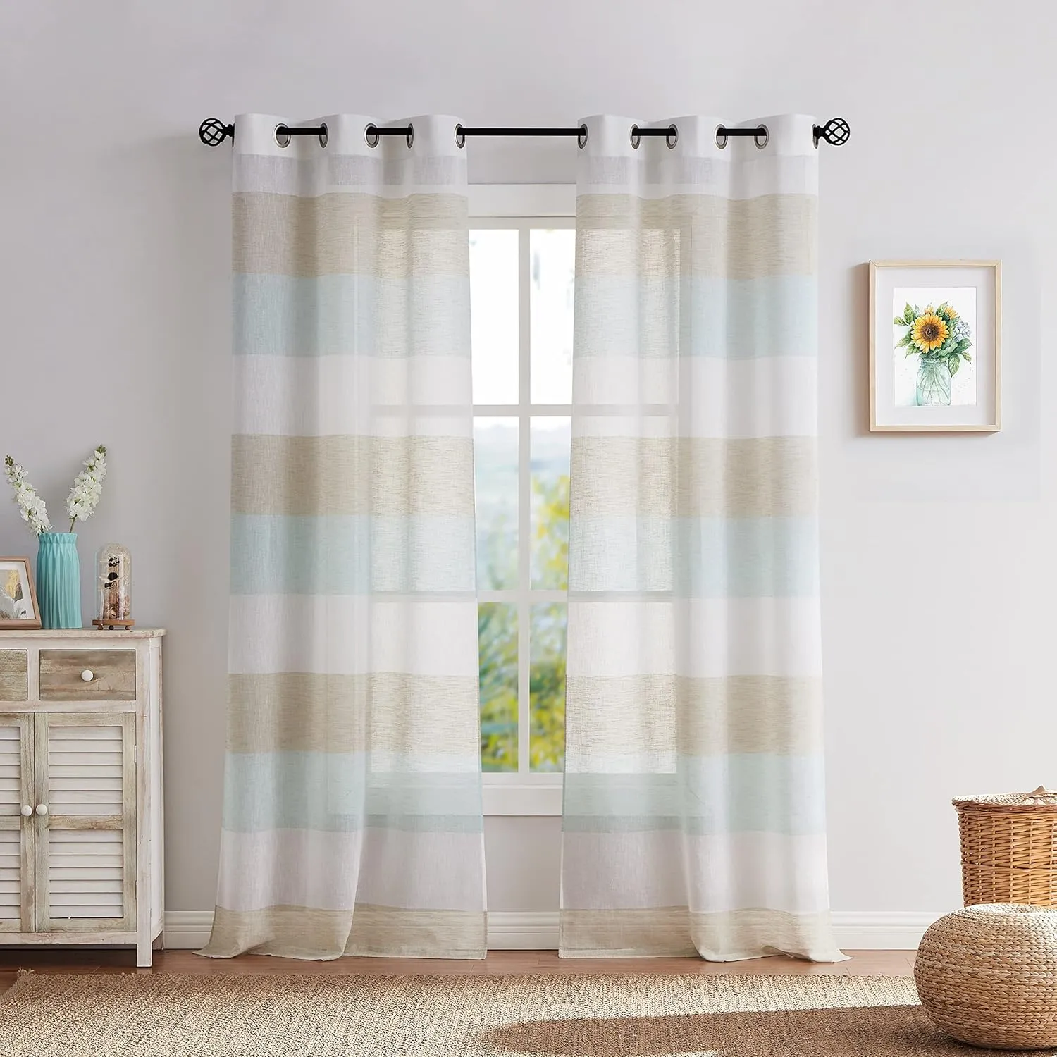 Central Park Tan and Spa Blue Stripe Sheer Color Block Window Curtain Panel Linen Window Treatment for Bedroom Living Room Farmhouse 84 inches Long with Grommets, 2 Panel Rustic Drapes