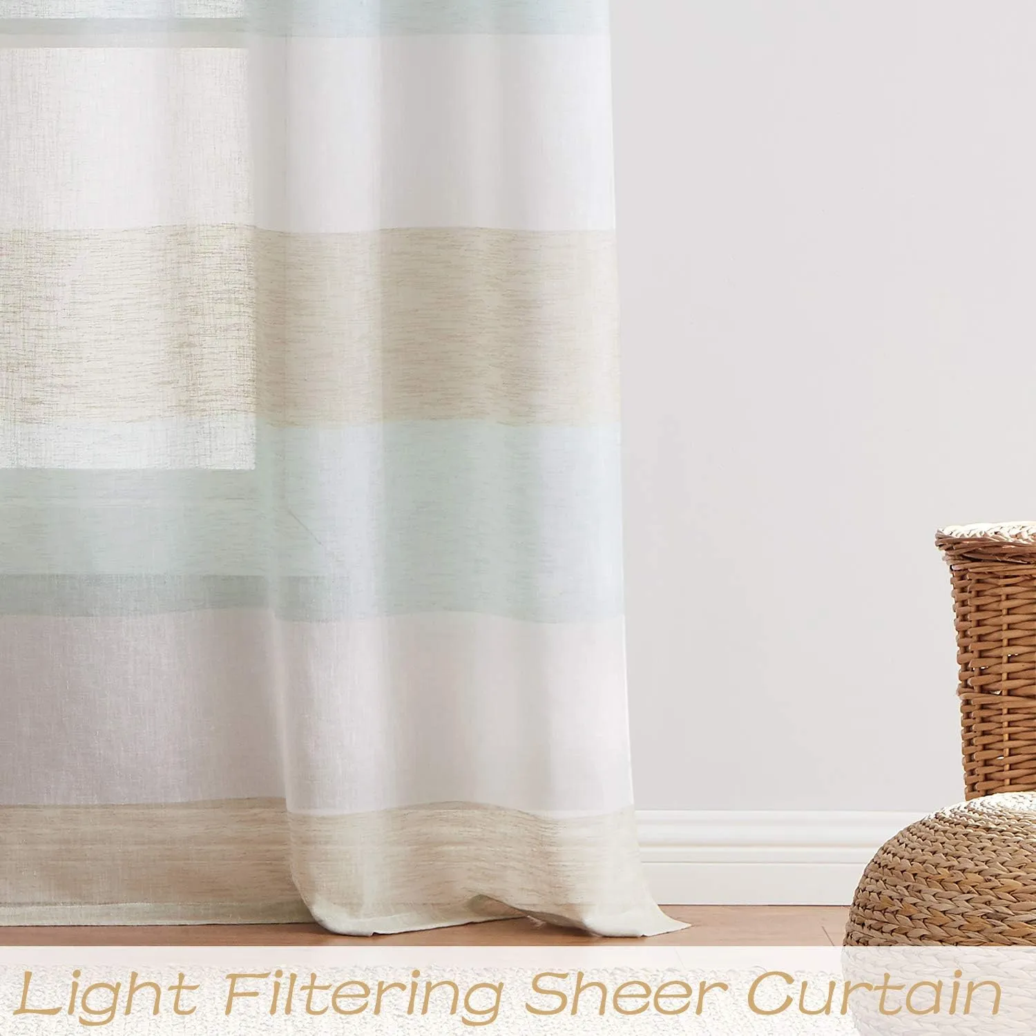 Central Park Tan and Spa Blue Stripe Sheer Color Block Window Curtain Panel Linen Window Treatment for Bedroom Living Room Farmhouse 84 inches Long with Grommets, 2 Panel Rustic Drapes