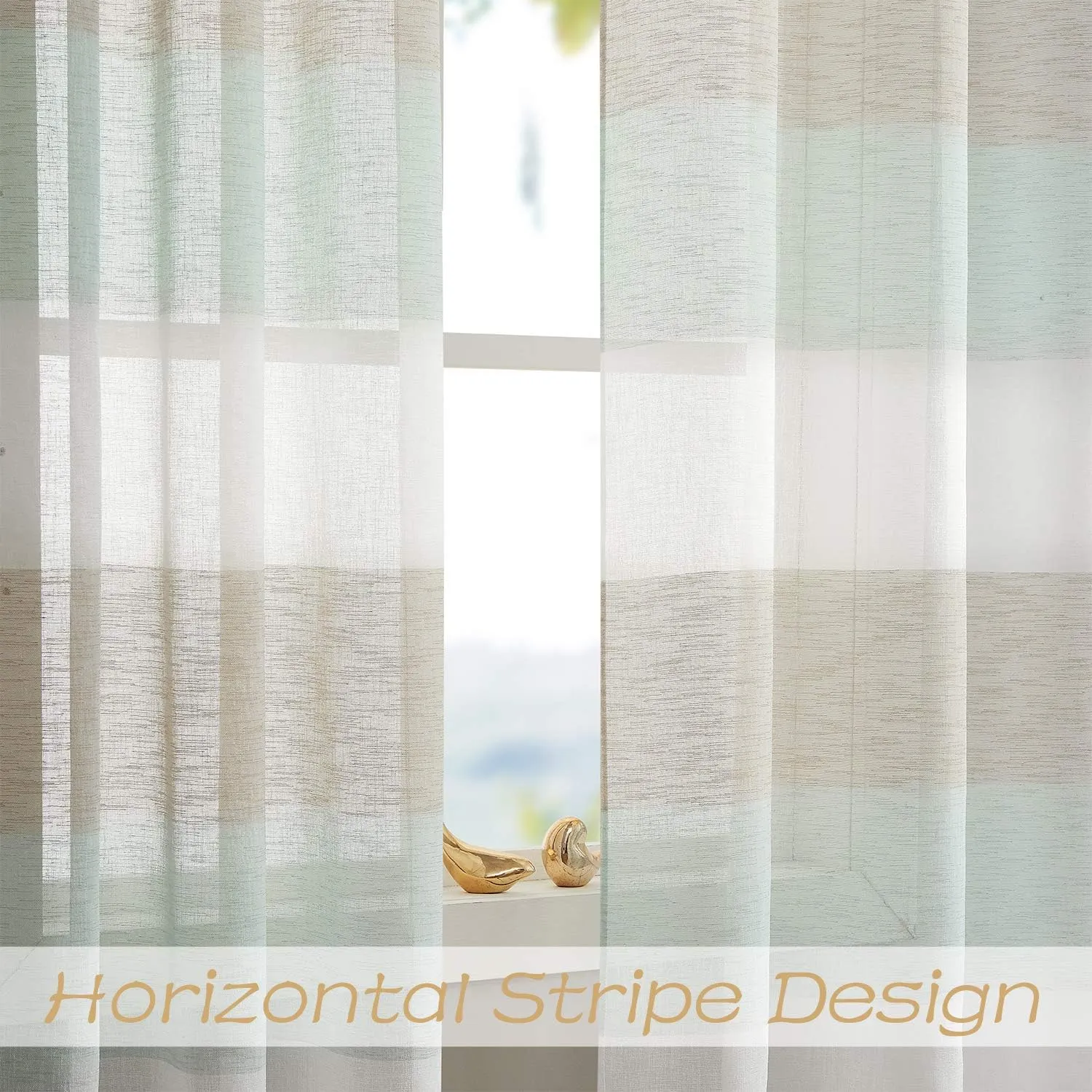 Central Park Tan and Spa Blue Stripe Sheer Color Block Window Curtain Panel Linen Window Treatment for Bedroom Living Room Farmhouse 84 inches Long with Grommets, 2 Panel Rustic Drapes