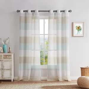 Central Park Tan and Spa Blue Stripe Sheer Color Block Window Curtain Panel Linen Window Treatment for Bedroom Living Room Farmhouse 84 inches Long with Grommets, 2 Panel Rustic Drapes