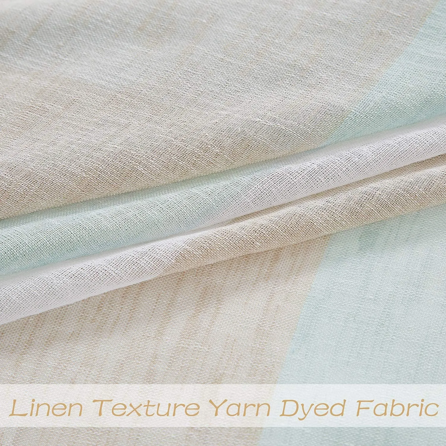 Central Park Tan and Spa Blue Stripe Sheer Color Block Window Curtain Panel Linen Window Treatment for Bedroom Living Room Farmhouse 84 inches Long with Grommets, 2 Panel Rustic Drapes