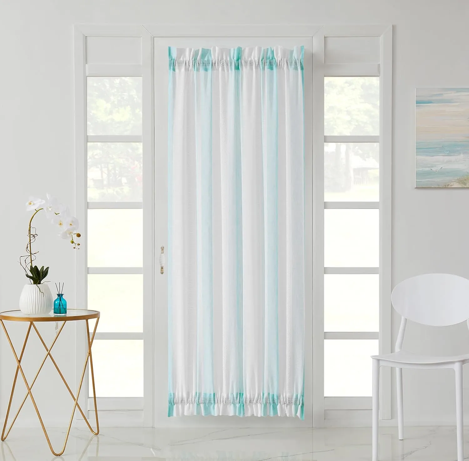 Central Park White French Door Curtain Spa Stripe Sheer Panels Boucle Linen Texture Drapes Rod Pocket Yarn Dyed Woven Window Treatment for Living Room with Tieback (50" Wx 72" L, 2 Panels)