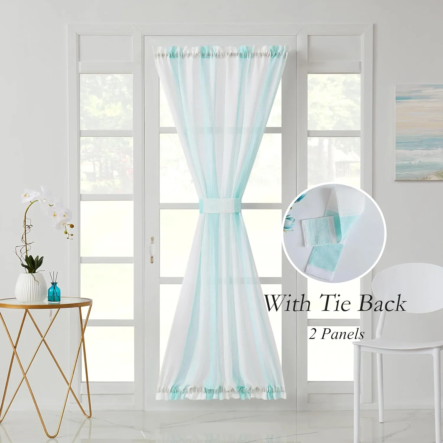 Central Park White French Door Curtain Spa Stripe Sheer Panels Boucle Linen Texture Drapes Rod Pocket Yarn Dyed Woven Window Treatment for Living Room with Tieback (50" Wx 72" L, 2 Panels)