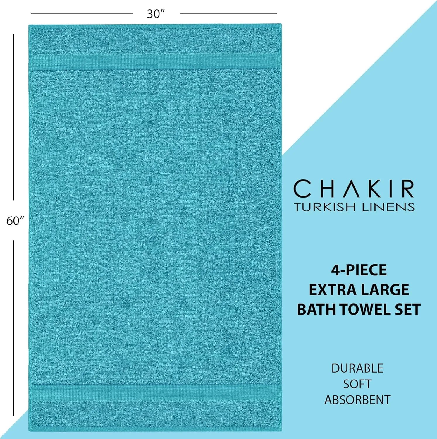 Chakir Turkish Linens | Hotel & Spa Quality 100% Cotton Premium Turkish Towels | Soft & Absorbent (30x60 Inches Extra Large Bath Towels, Set of 4 - Aqua)
