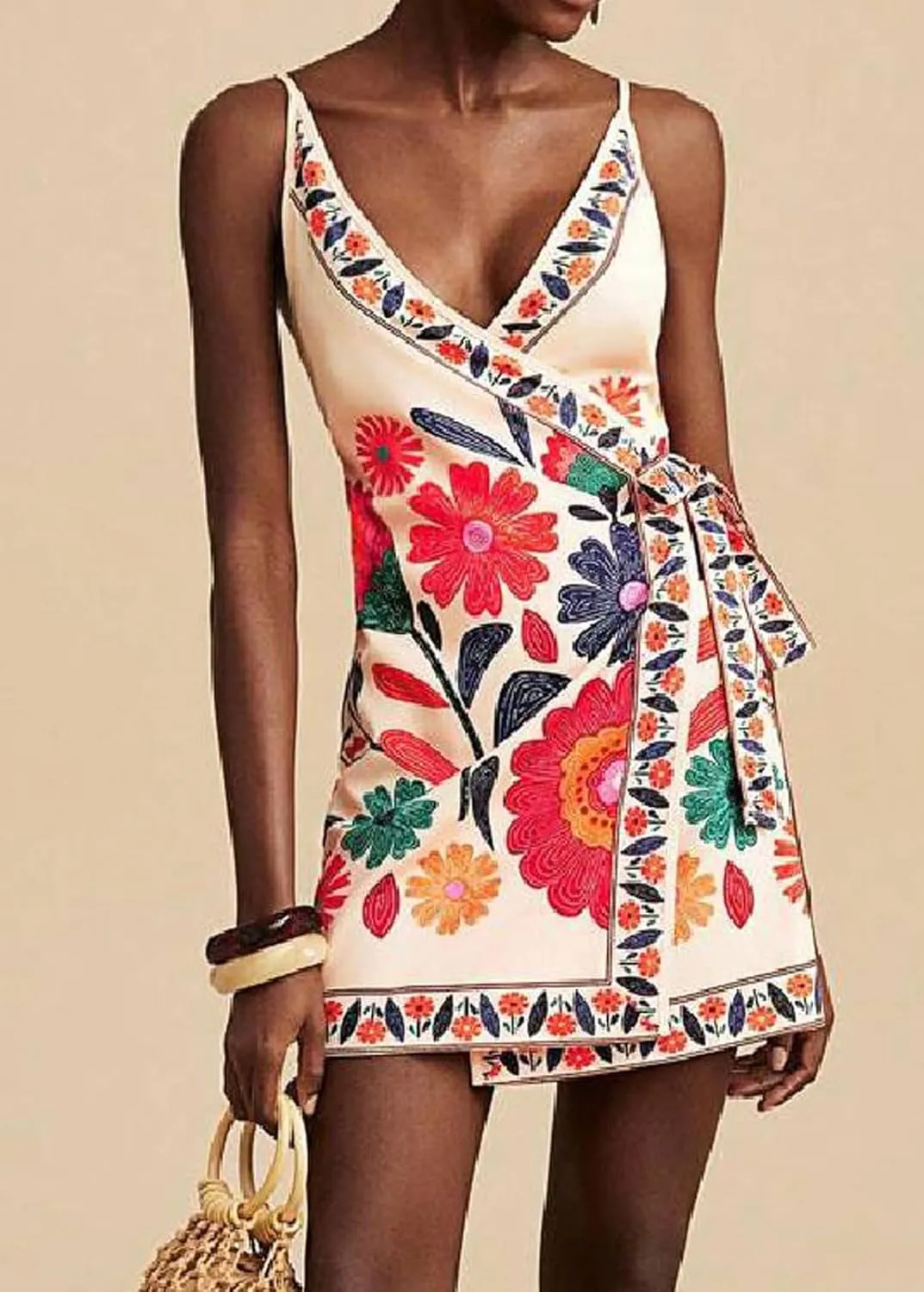 CHARTOU Women Summer Short Floral Boho Wrap Dress Spaghetti Strap Side Tie Asymmetrical Mini Dress