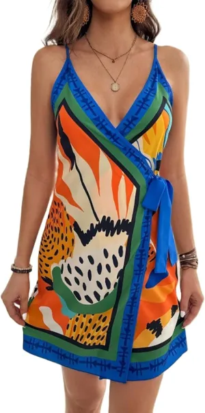 CHARTOU Women Summer Short Floral Boho Wrap Dress Spaghetti Strap Side Tie Asymmetrical Mini Dress