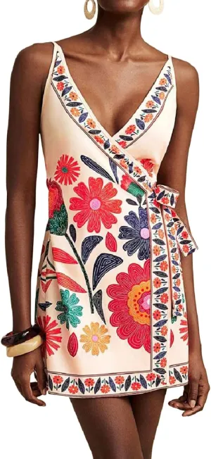 CHARTOU Women Summer Short Floral Boho Wrap Dress Spaghetti Strap Side Tie Asymmetrical Mini Dress