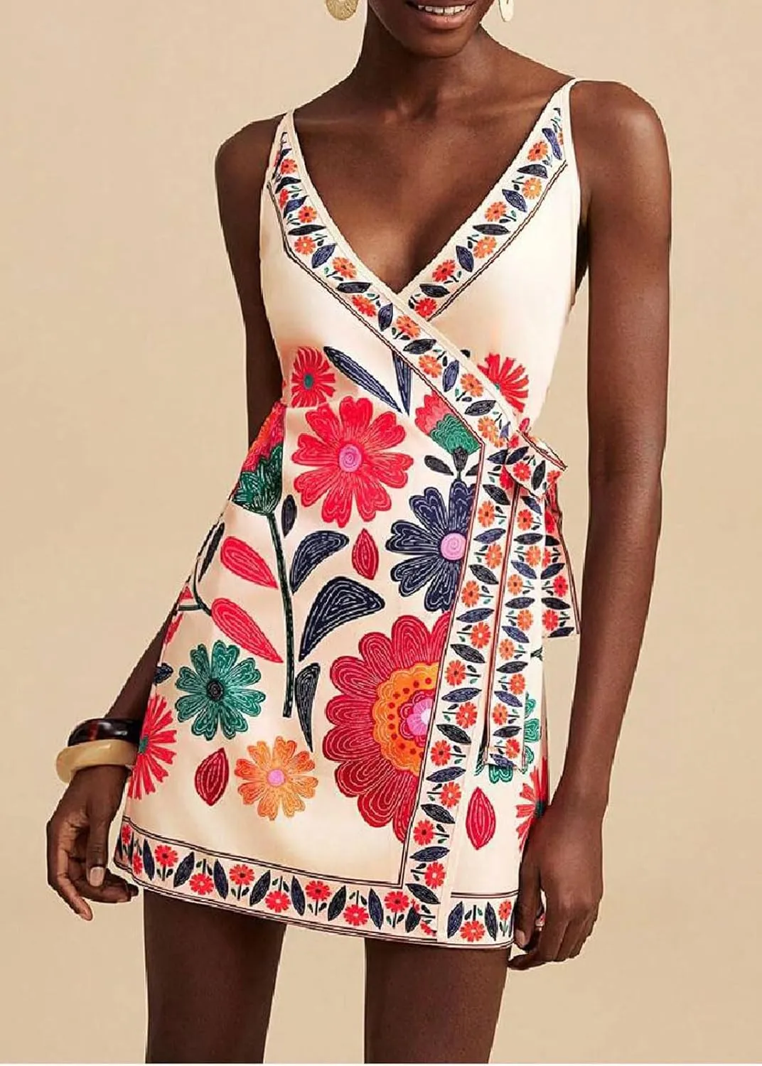 CHARTOU Women Summer Short Floral Boho Wrap Dress Spaghetti Strap Side Tie Asymmetrical Mini Dress