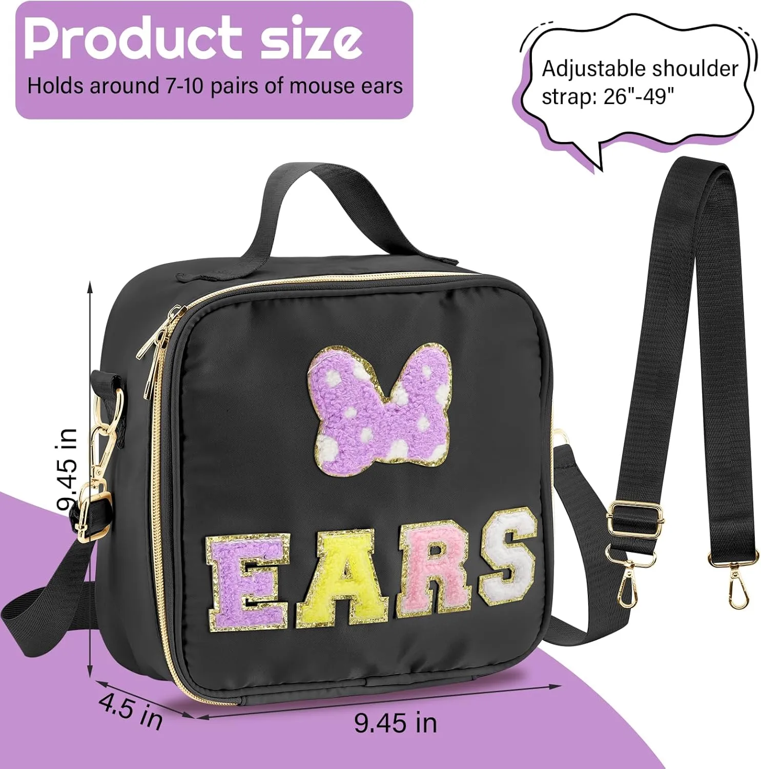 Chenille Letter Bow Mouse Ears Holder Headband Storage Bag, Mouse Ear Travel Case Hair Accessories Organizer