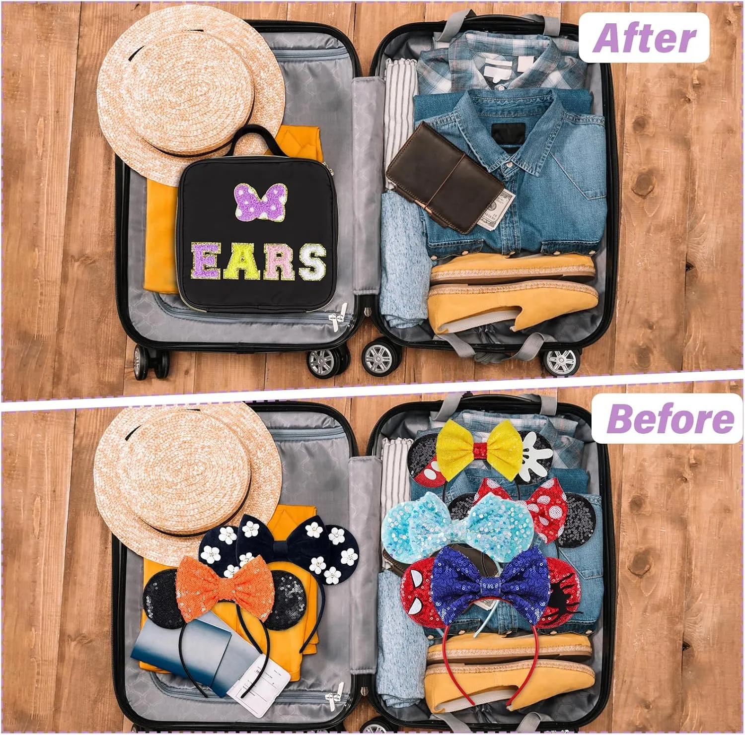 Chenille Letter Bow Mouse Ears Holder Headband Storage Bag, Mouse Ear Travel Case Hair Accessories Organizer