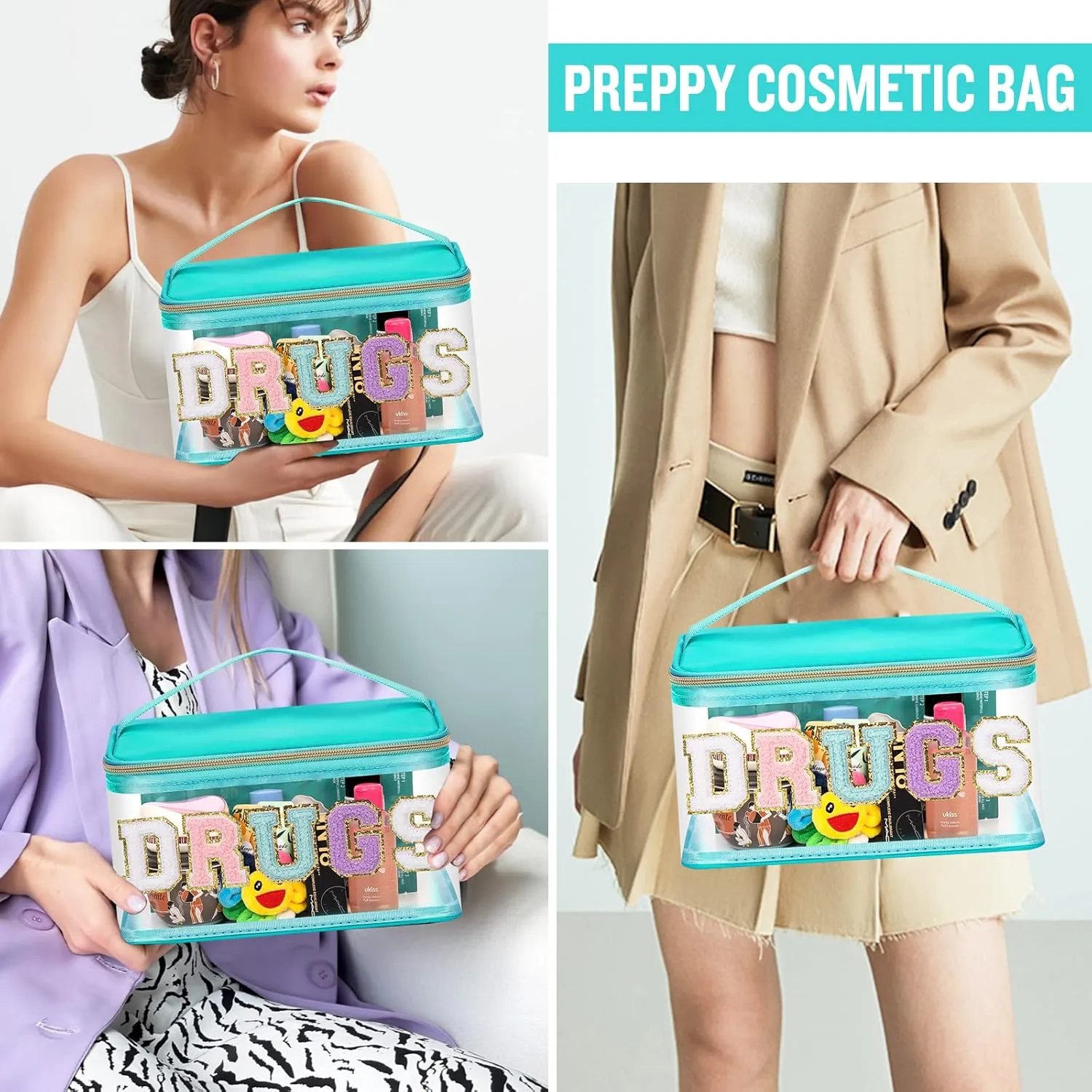 Chenille Letter Clear Makeup Bags Drugs Pouch, Preppy Patch Makeup Bag Zipper with Handle, Transparent PVC & Nylon Waterproof Glitter Cosmetic Handbag Travel Toiletry Storage for Women (DRUGS-Green)