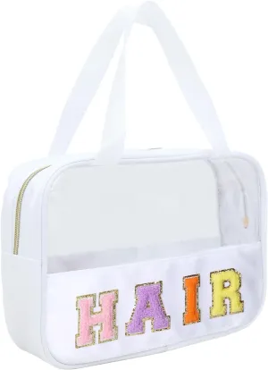Chenille Letter Patch Clear Bag,Preppy Multi-purpose PVC&Nylon Clear Makeup Bag with Handles,Large Travel Makeup Toiletry Storage Zipper Pouch, Tote Bag for Women (White-HAIR)
