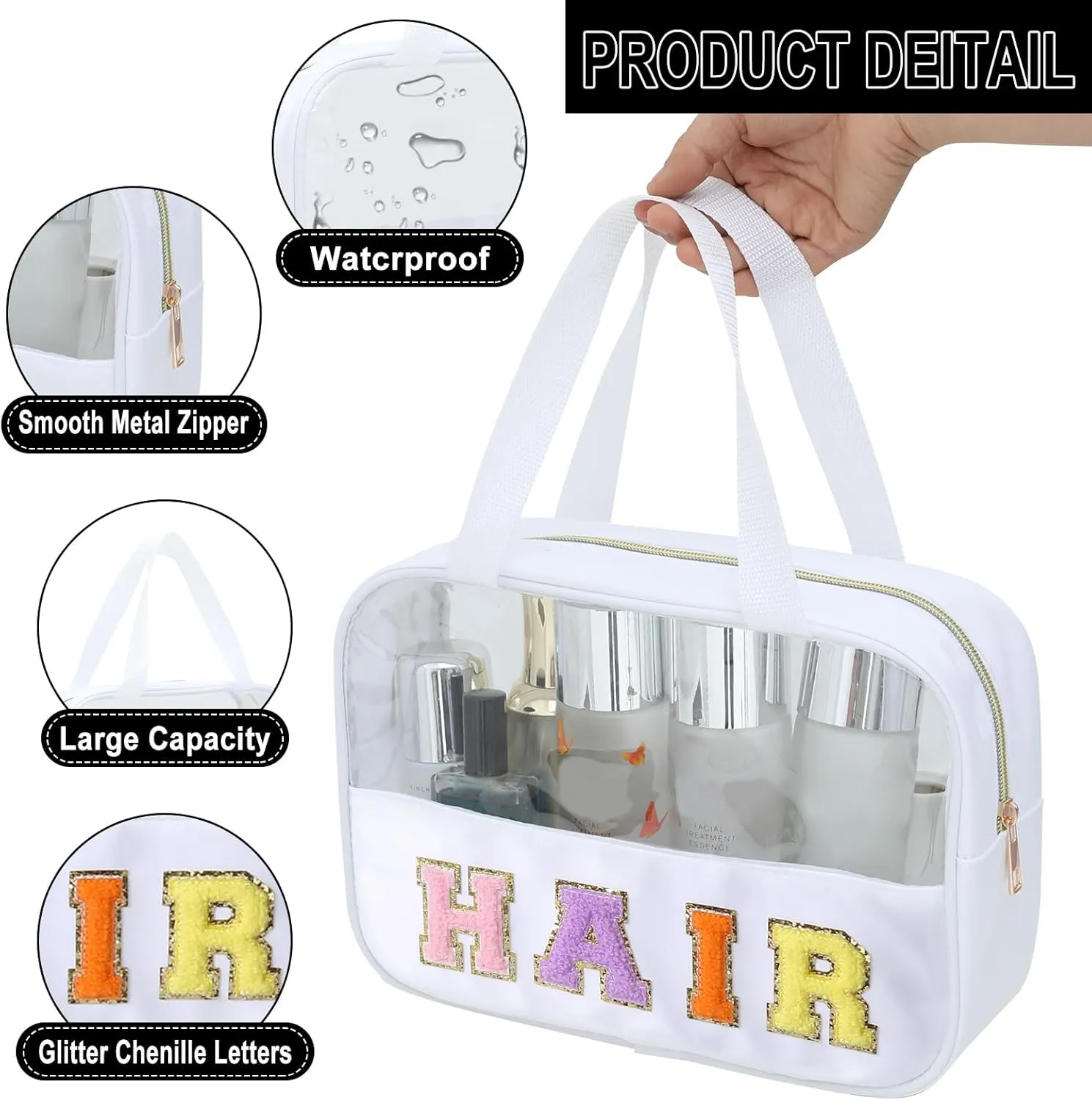 Chenille Letter Patch Clear Bag,Preppy Multi-purpose PVC&Nylon Clear Makeup Bag with Handles,Large Travel Makeup Toiletry Storage Zipper Pouch, Tote Bag for Women (White-HAIR)
