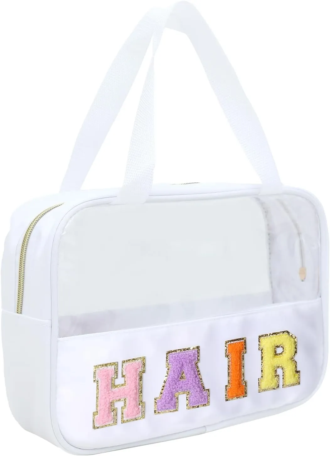 Chenille Letter Patch Clear Bag,Preppy Multi-purpose PVC&Nylon Clear Makeup Bag with Handles,Large Travel Makeup Toiletry Storage Zipper Pouch, Tote Bag for Women (White-HAIR)