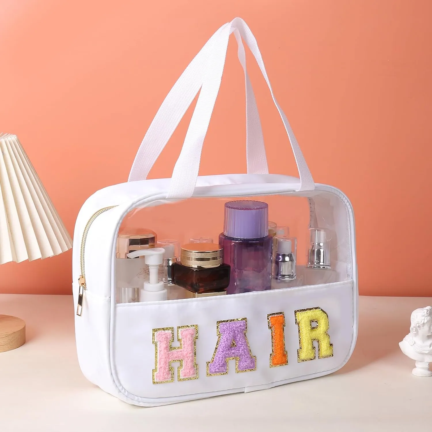 Chenille Letter Patch Clear Bag,Preppy Multi-purpose PVC&Nylon Clear Makeup Bag with Handles,Large Travel Makeup Toiletry Storage Zipper Pouch, Tote Bag for Women (White-HAIR)