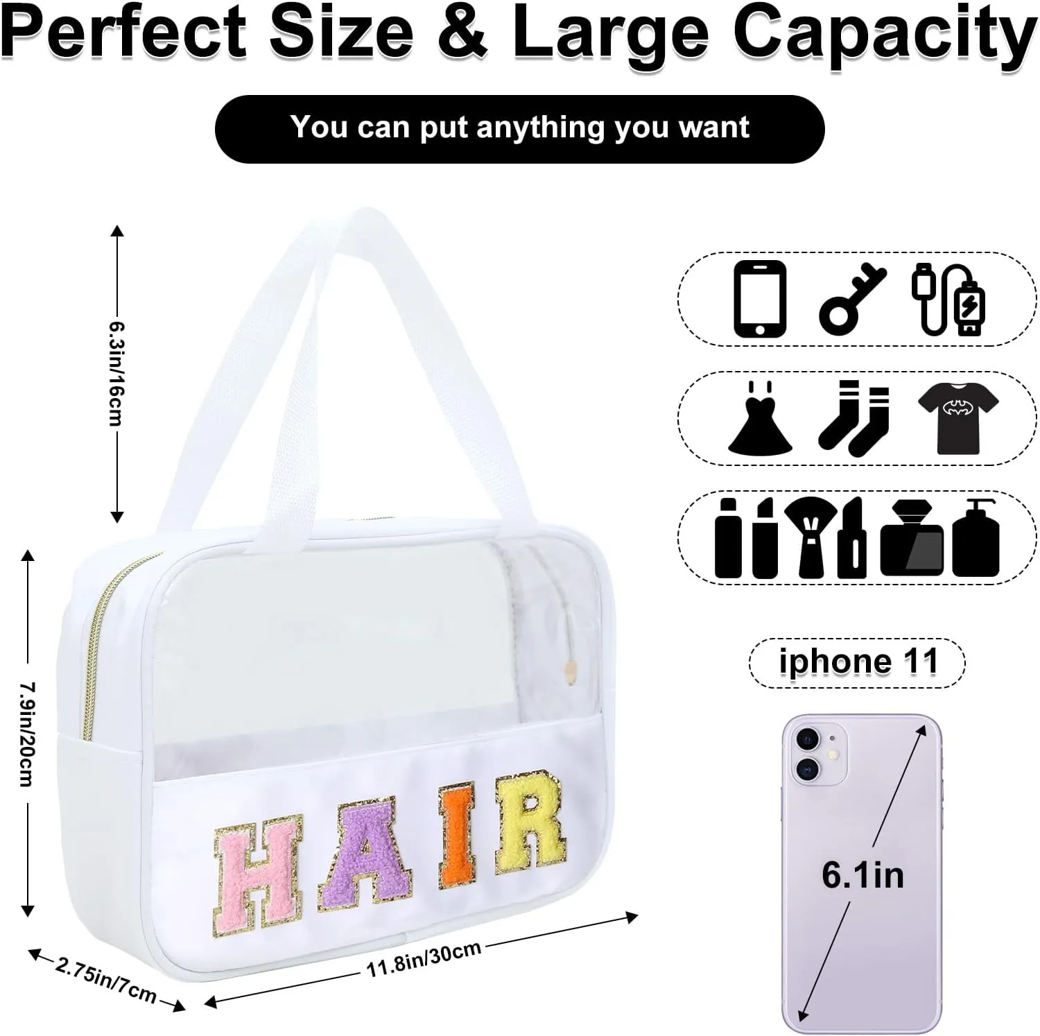 Chenille Letter Patch Clear Bag,Preppy Multi-purpose PVC&Nylon Clear Makeup Bag with Handles,Large Travel Makeup Toiletry Storage Zipper Pouch, Tote Bag for Women (White-HAIR)