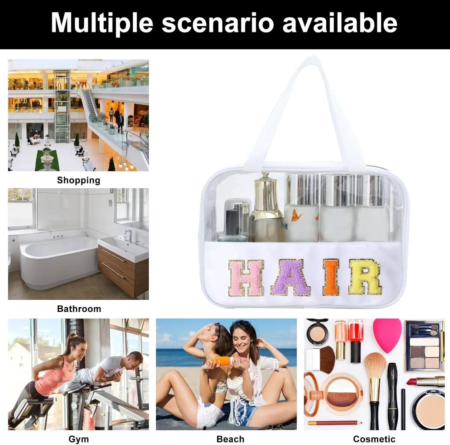 Chenille Letter Patch Clear Bag,Preppy Multi-purpose PVC&Nylon Clear Makeup Bag with Handles,Large Travel Makeup Toiletry Storage Zipper Pouch, Tote Bag for Women (White-HAIR)
