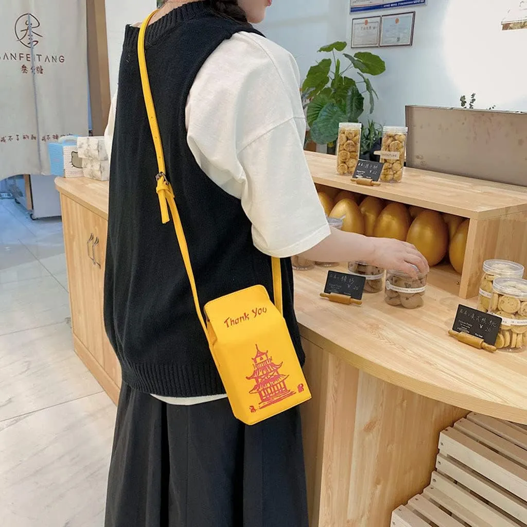 Chinese Tower Printing Box Shoulder Bags for Women Fashion Cartoon Crossbody Bag Small Girl's Bag