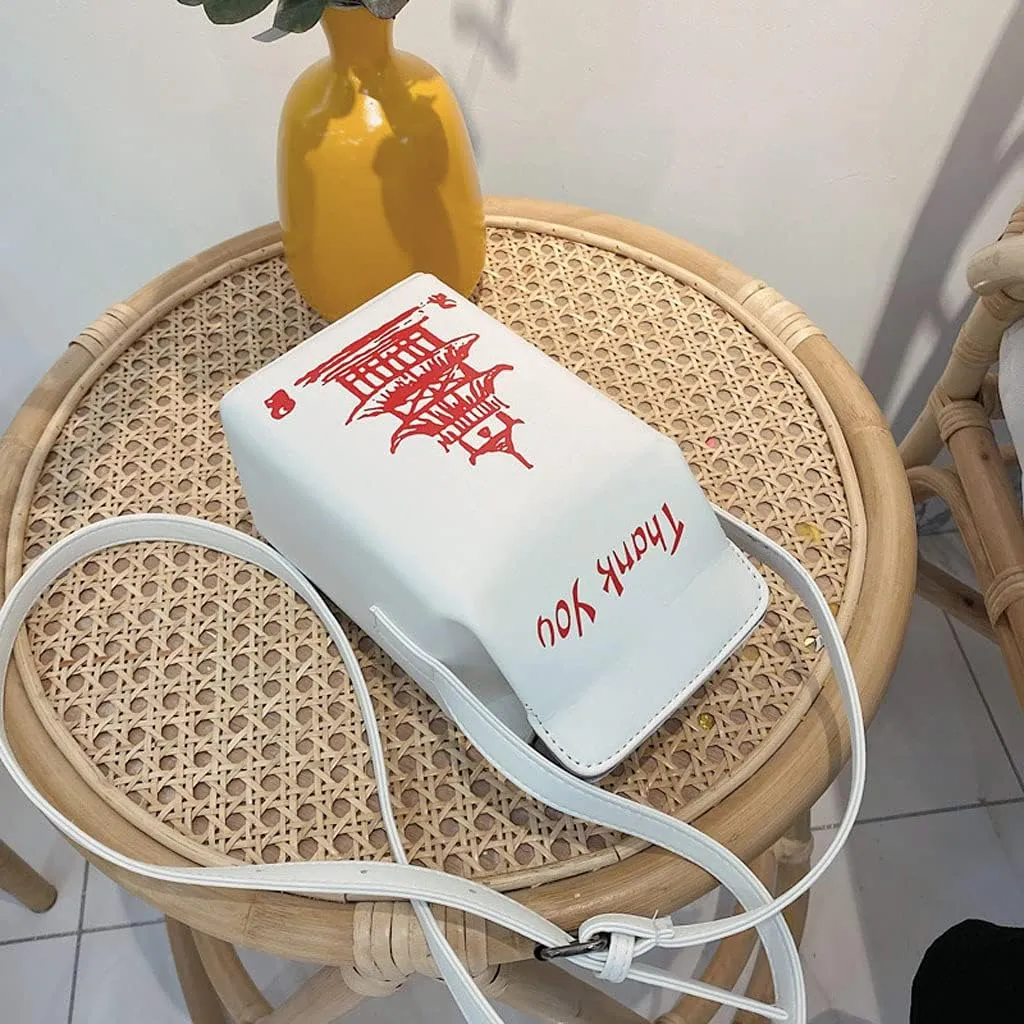 Chinese Tower Printing Box Shoulder Bags for Women Fashion Cartoon Crossbody Bag Small Girl's Bag