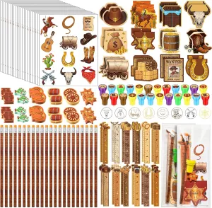 Cholemy 168 Pcs Western Cowboy Party Favors Wild West Pencils Notepads Stampers Rulers Erasers Stickers Bags Rodeo Stationary School Supplies Kit for Western Cowboy Birthday Party Prizes Supplies