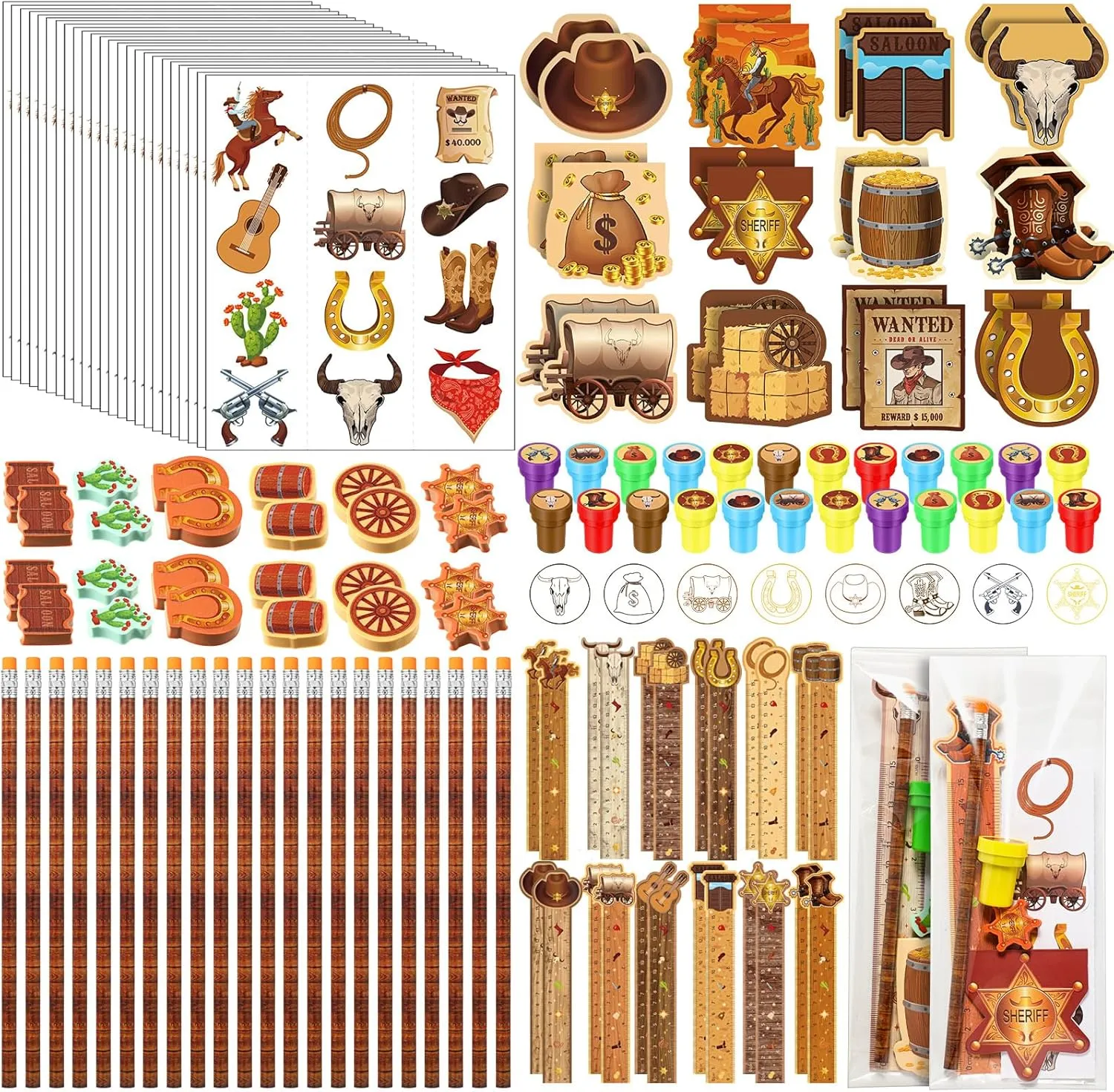Cholemy 168 Pcs Western Cowboy Party Favors Wild West Pencils Notepads Stampers Rulers Erasers Stickers Bags Rodeo Stationary School Supplies Kit for Western Cowboy Birthday Party Prizes Supplies