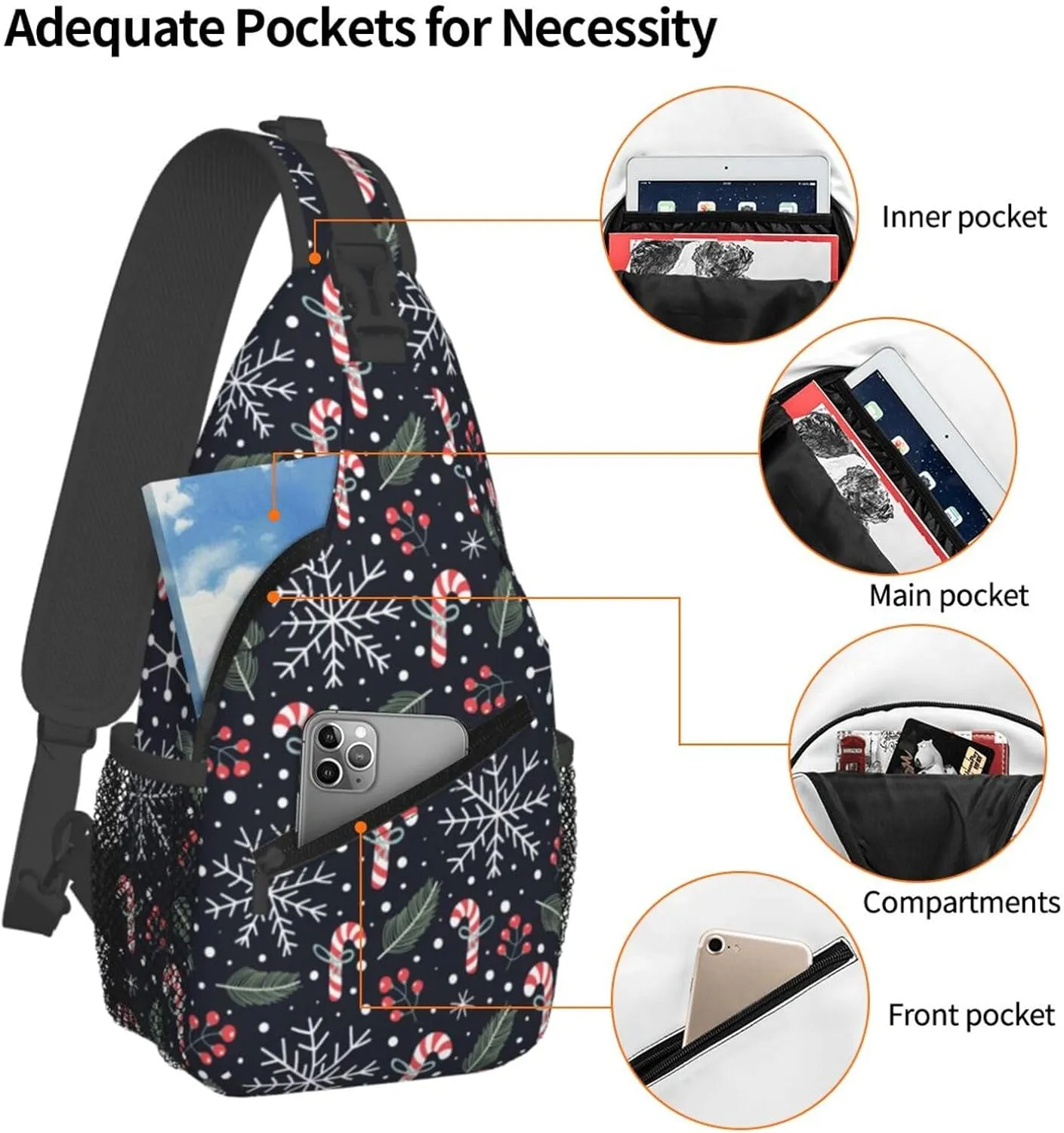 Christmas Crossbody Sling Bag For Women & Men - Adjustable Holiday Pattern With Christmas Candies - Merry Xmas Daypack