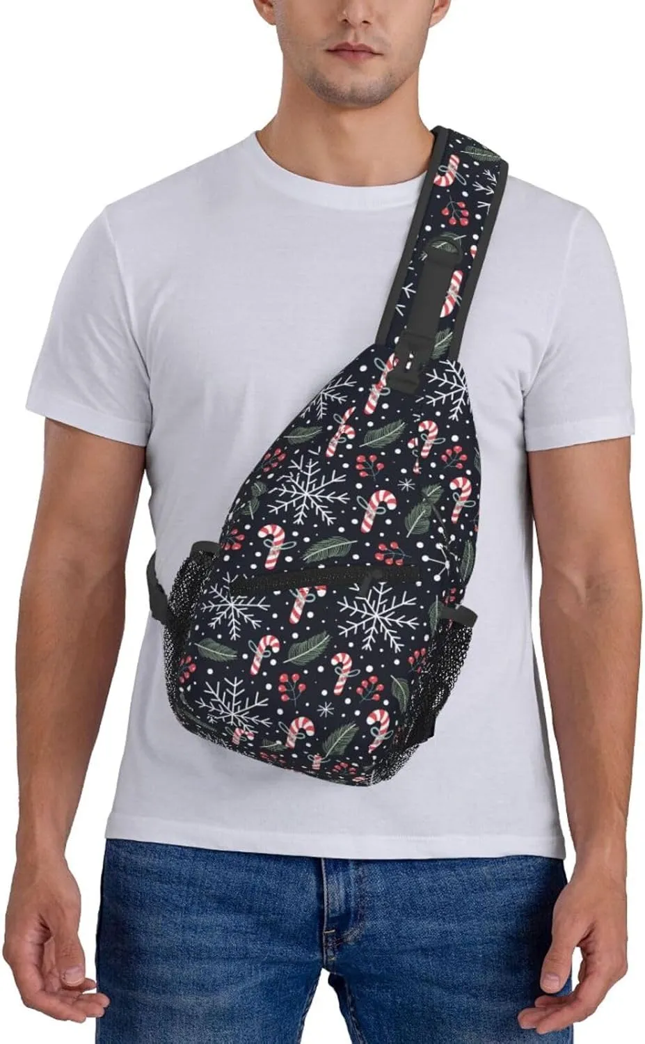 Christmas Crossbody Sling Bag For Women & Men - Adjustable Holiday Pattern With Christmas Candies - Merry Xmas Daypack
