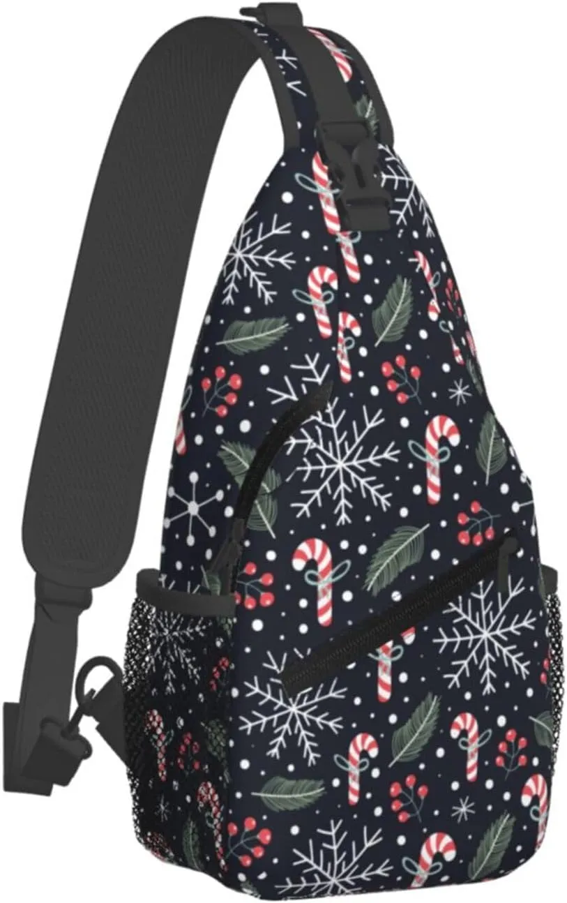Christmas Crossbody Sling Bag For Women & Men - Adjustable Holiday Pattern With Christmas Candies - Merry Xmas Daypack