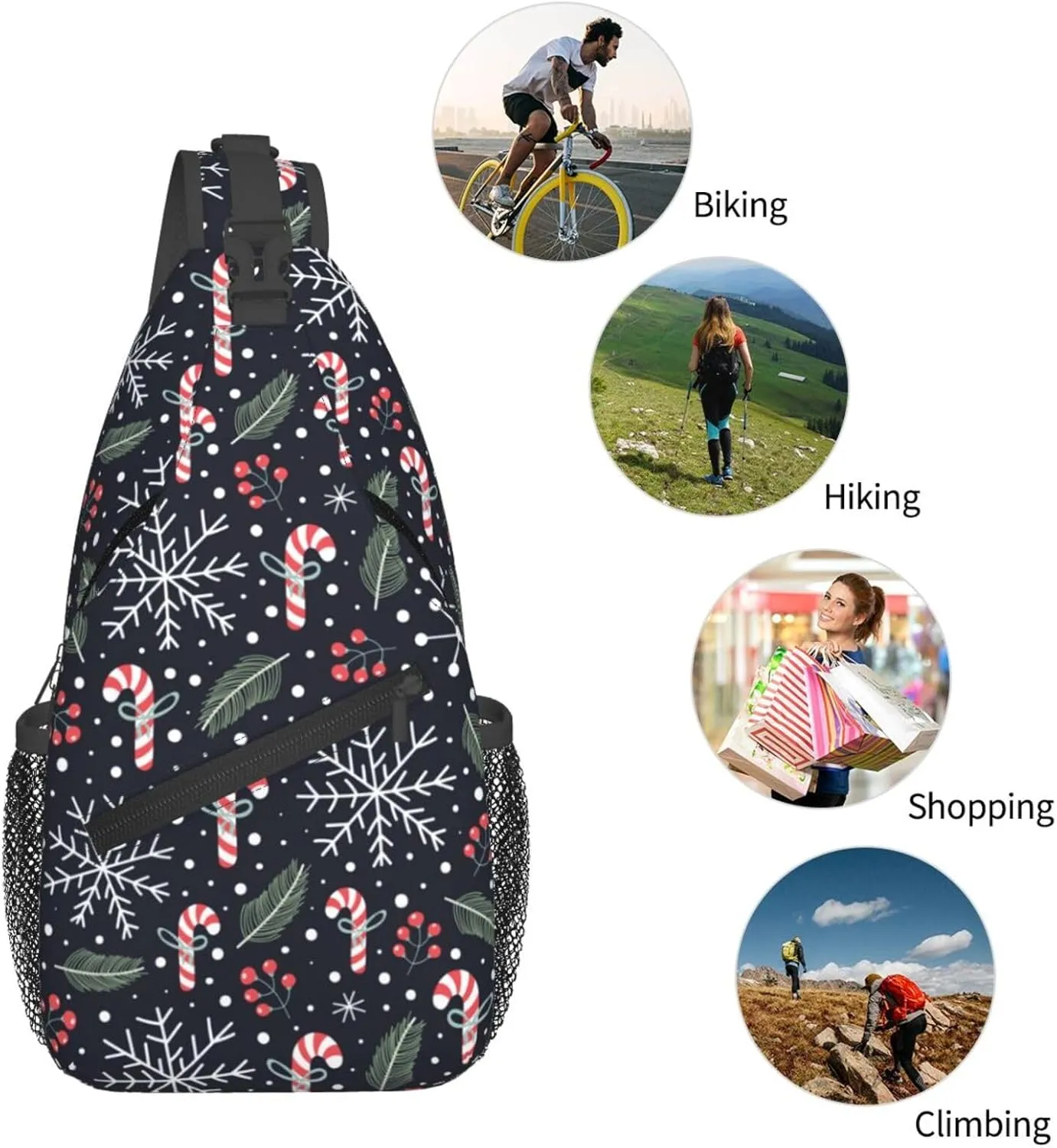 Christmas Crossbody Sling Bag For Women & Men - Adjustable Holiday Pattern With Christmas Candies - Merry Xmas Daypack