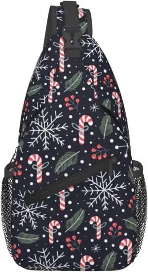 Christmas Crossbody Sling Bag For Women & Men - Adjustable Holiday Pattern With Christmas Candies - Merry Xmas Daypack