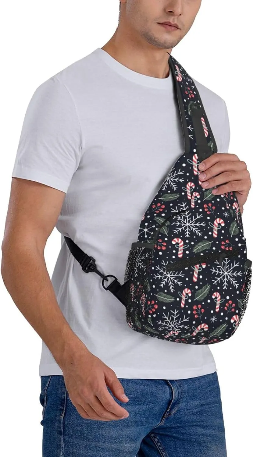 Christmas Crossbody Sling Bag For Women & Men - Adjustable Holiday Pattern With Christmas Candies - Merry Xmas Daypack