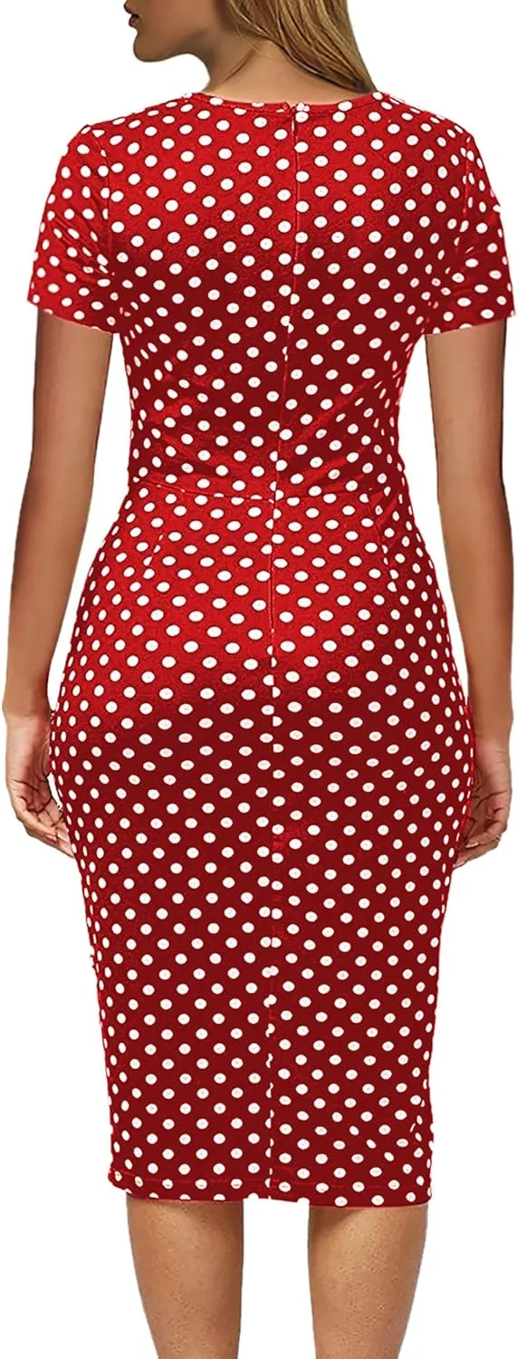 CISMARK Women's Vintage Short Sleeve Polka Dot Falbala Fold Slim Fit Pencil Dress