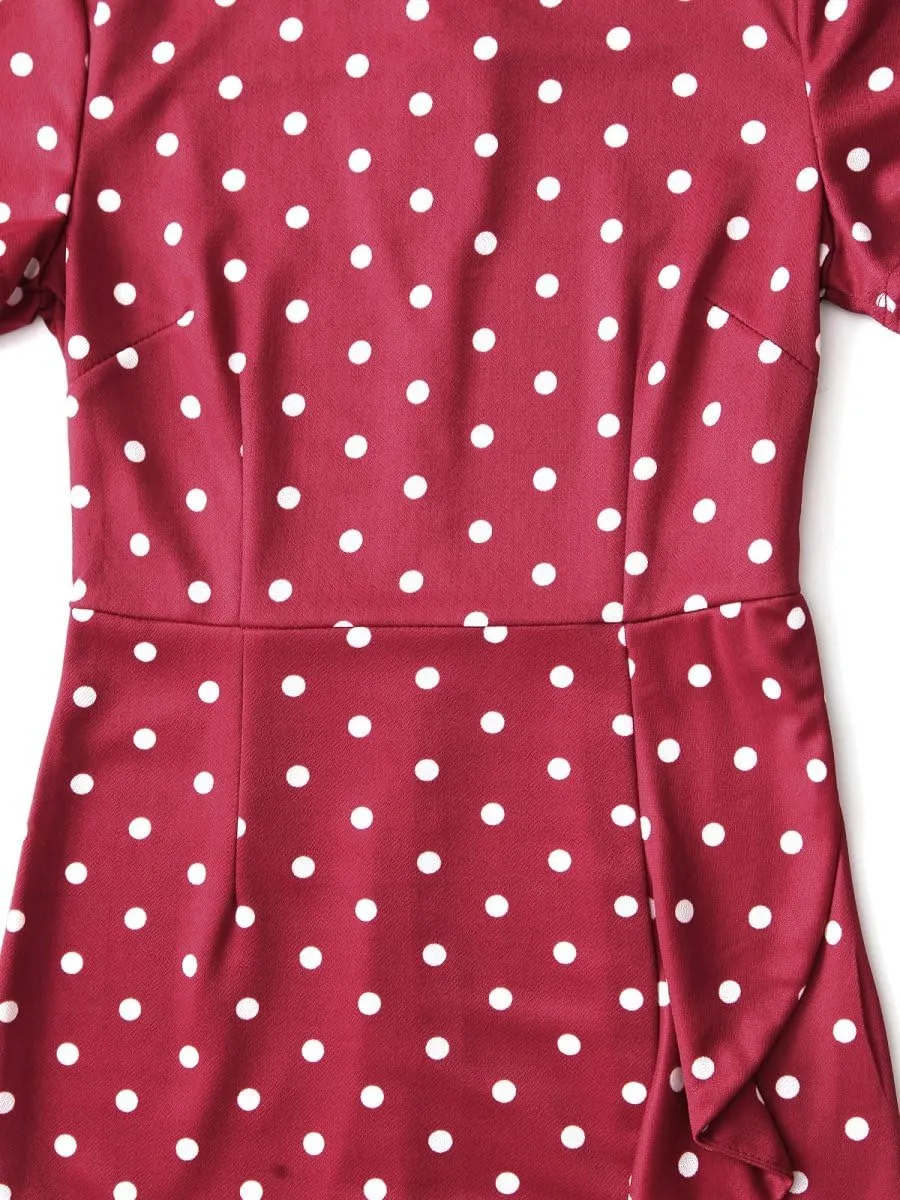 CISMARK Women's Vintage Short Sleeve Polka Dot Falbala Fold Slim Fit Pencil Dress