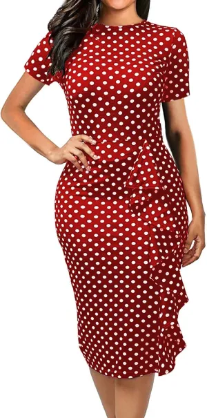 CISMARK Women's Vintage Short Sleeve Polka Dot Falbala Fold Slim Fit Pencil Dress