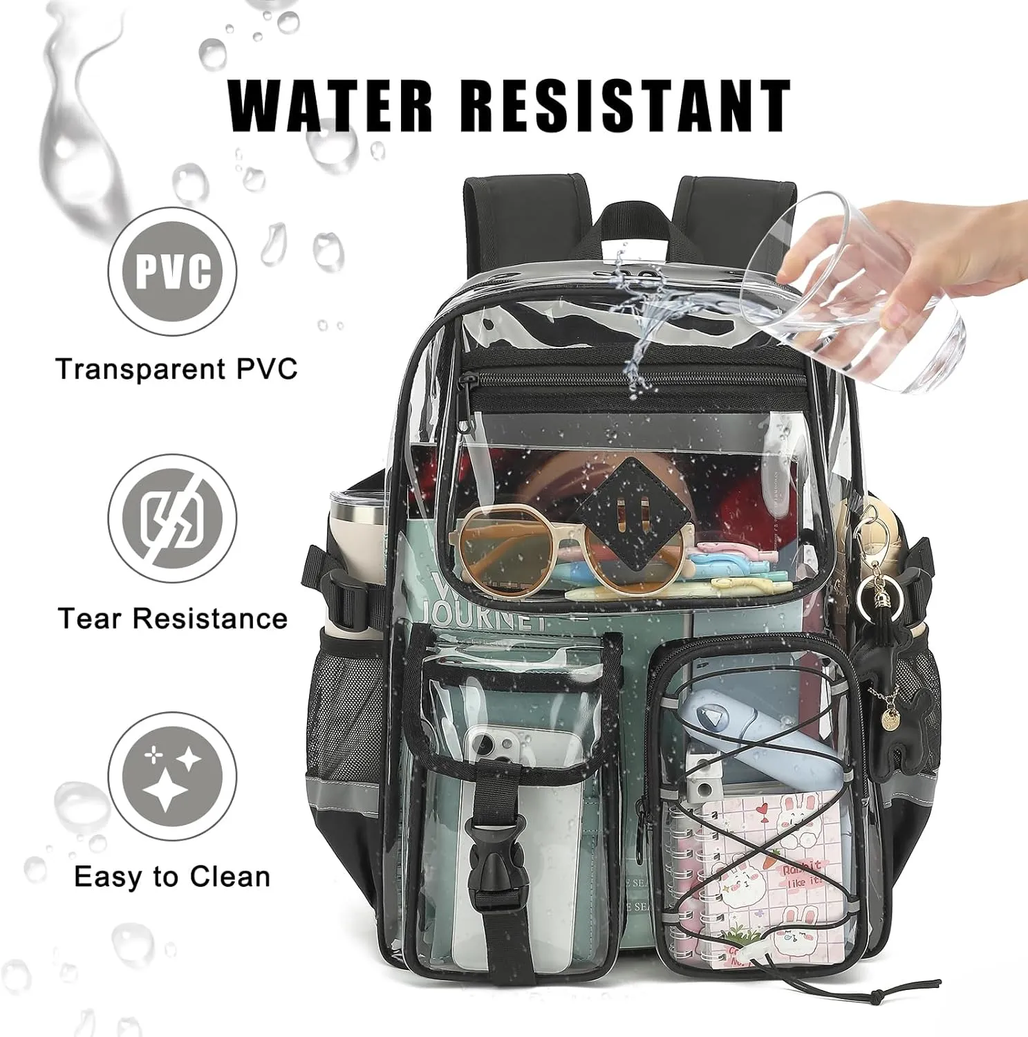 Clear Backpack for Girls Women, Heavy Duty Transparent School Backpack Bookbag with Giraffe Keychain (Black)